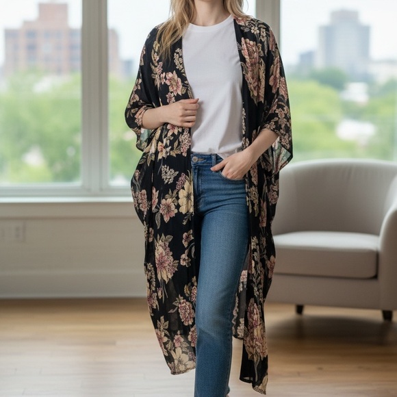 Angie Tops - Floral Kimono Cardigan with black background